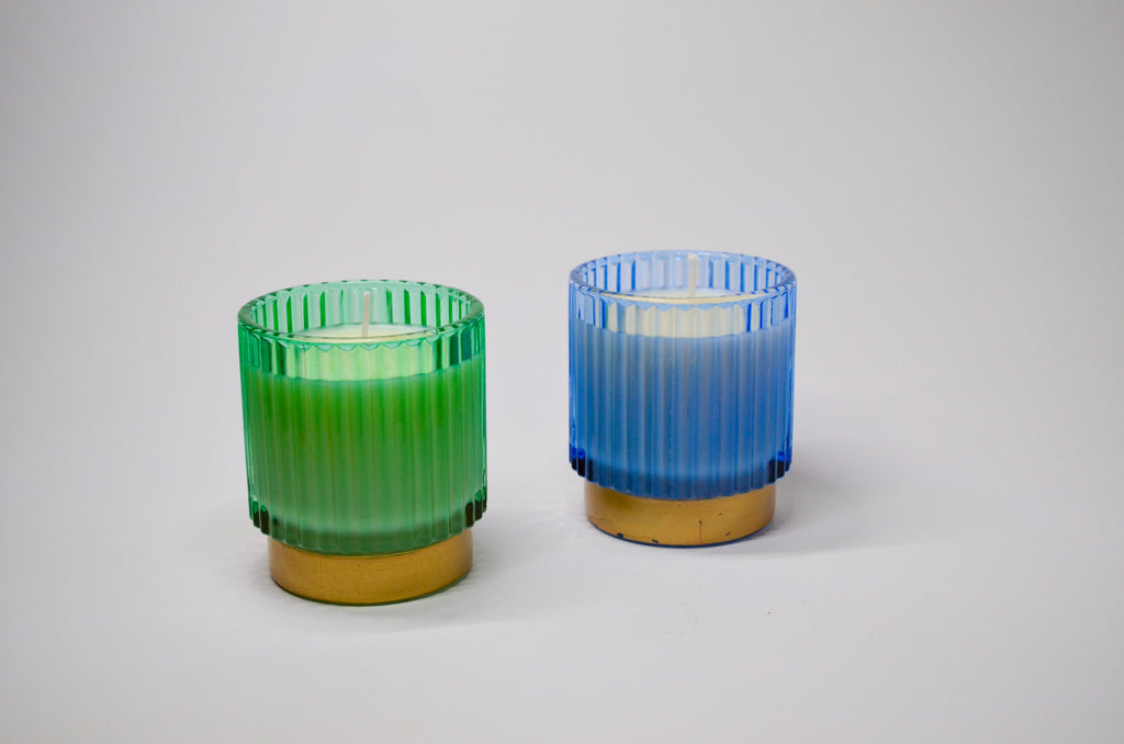 Blue & Gold Ribbed Glass Candle
