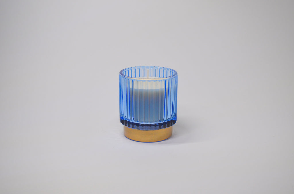 Blue & Gold Ribbed Glass Candle