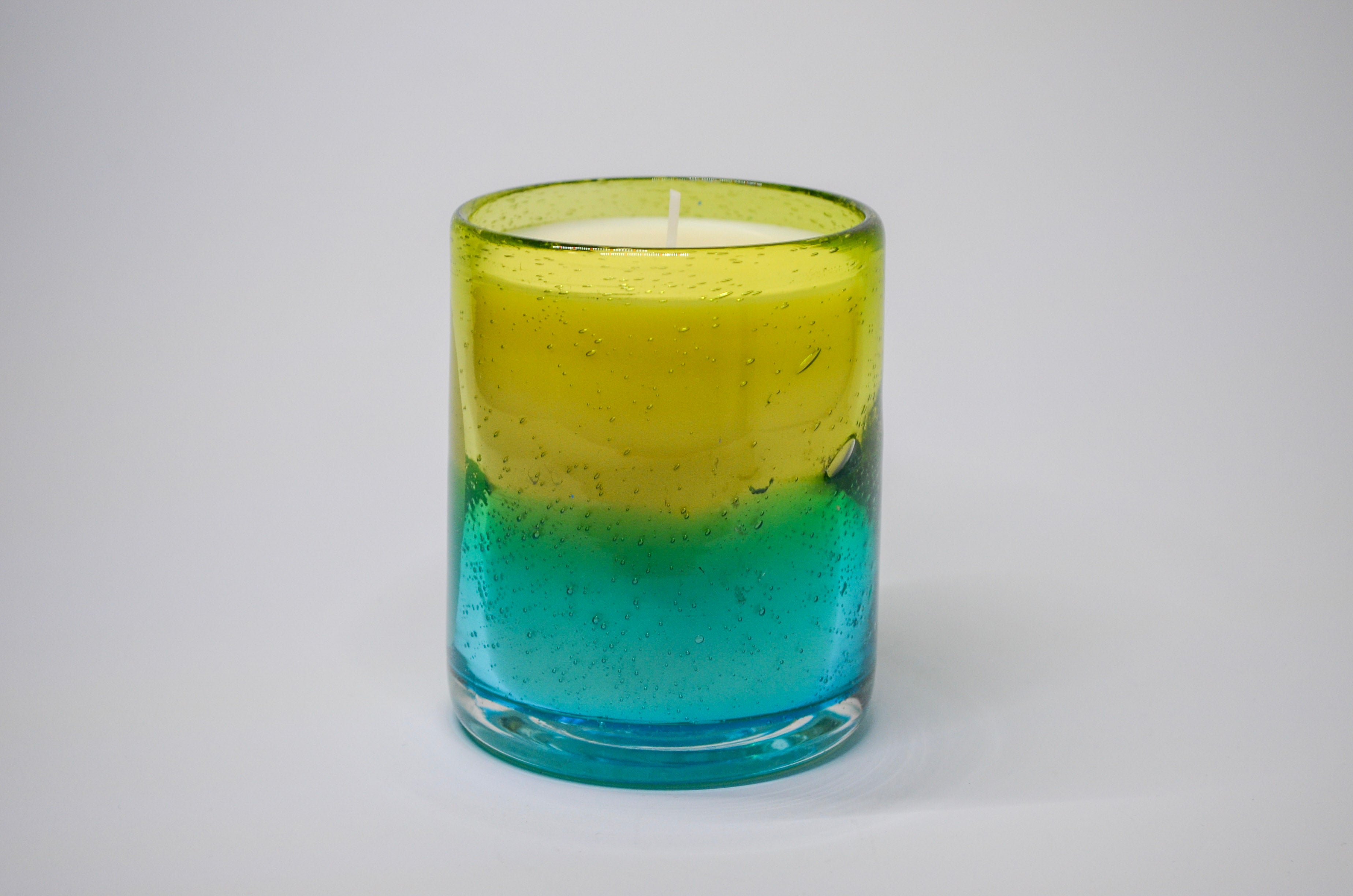 Yellow–to–Turquoise Gradient Glass Candle - Caribbean Teakwood