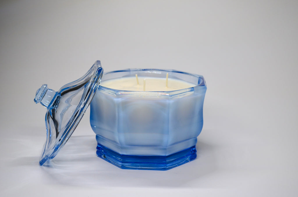 Blue Hexagonal Glass Candle (with Lid) (3-Wick) - Vanilla Cake Pop