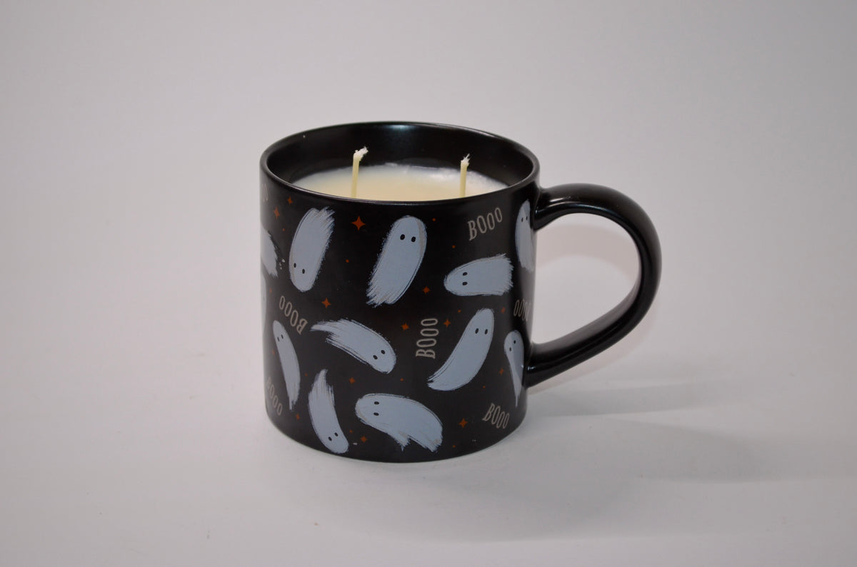 Black “BOOO” Ghost Mug Candle — Crème Brûlée