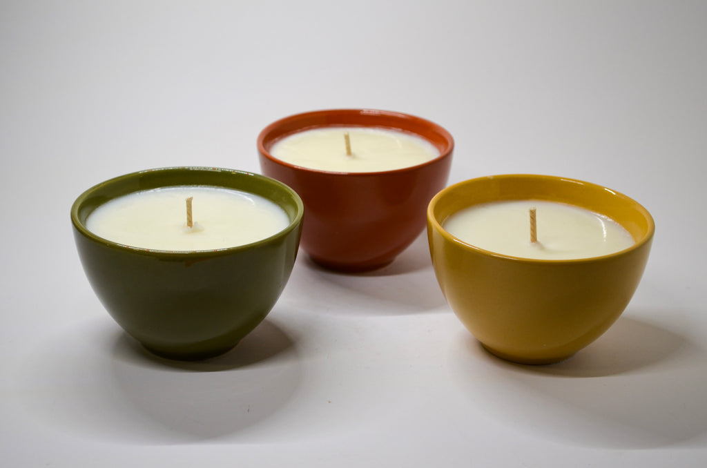Trio of Colorful Ceramic Bowl Candles — Butterscotch & Bourbon, Lavender Driftwood, Uncharted
