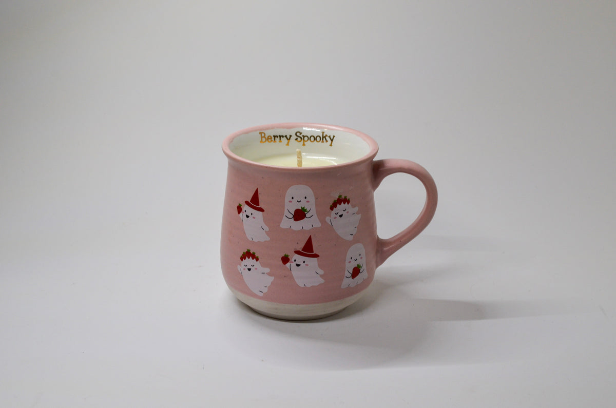 Pink Ghosts & Strawberries Mug Candle - Clean Cotton